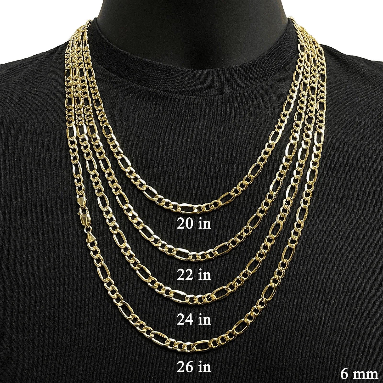 Italian 14k Yellow Gold Hollow Figaro Chain Necklace 20" 6mm 12.3 grams - Jewelry Store by Erik Rayo