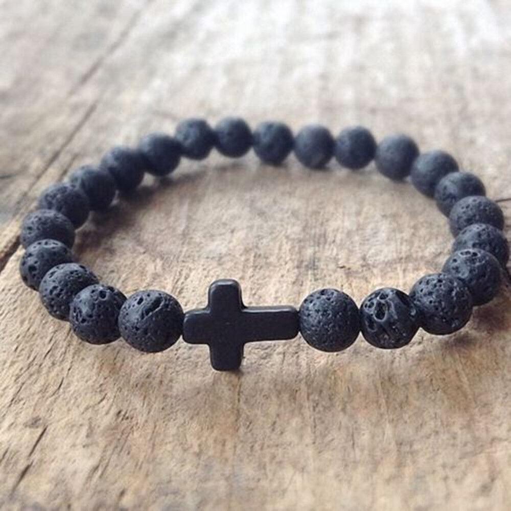 Lava Rock Stone Beaded Bracelet Jesus Cross Christian - Jewelry Store by Erik Rayo