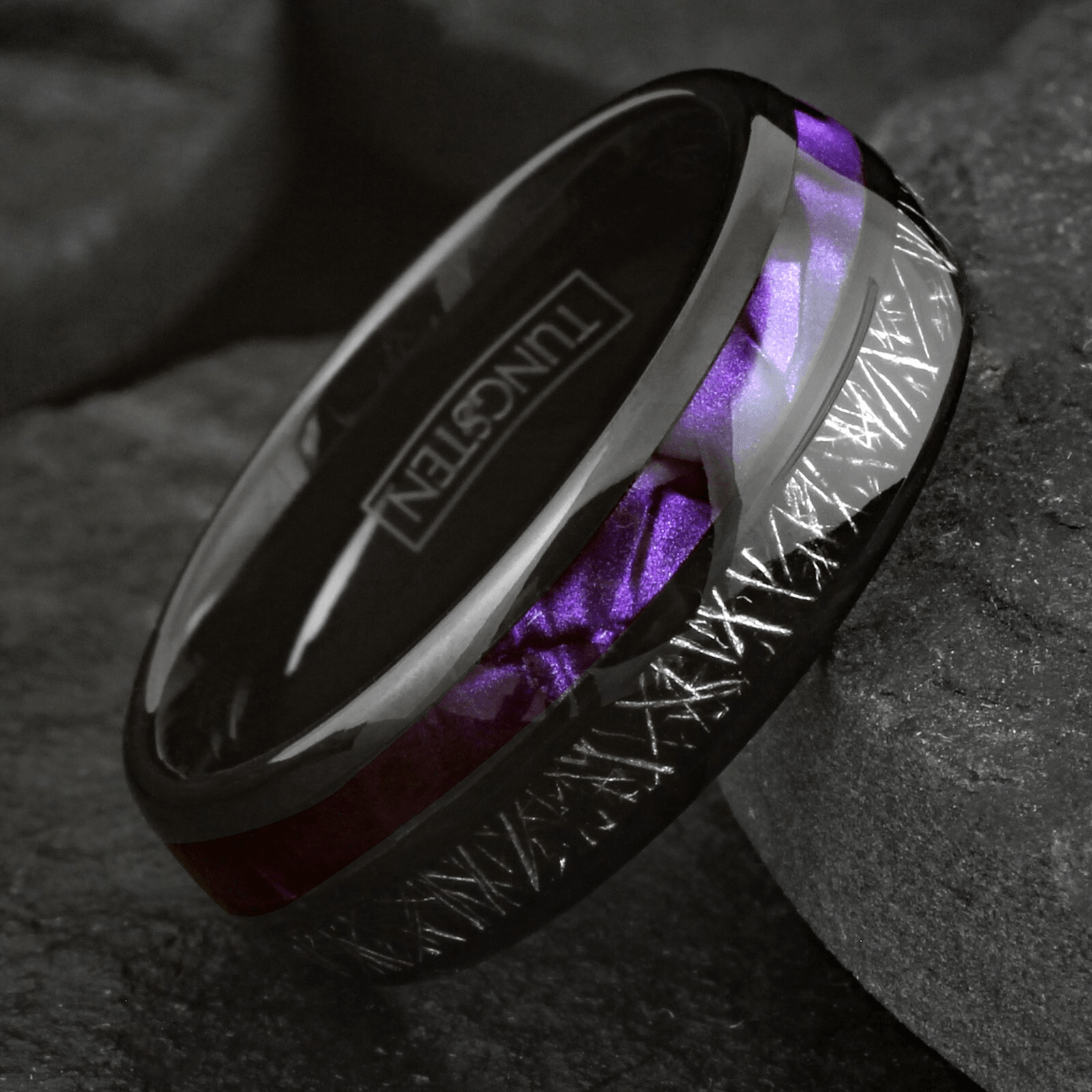 Wedding Band Ring Black Tungsten Carbide Purple Shell with Meteorite Stripe Ring for Men