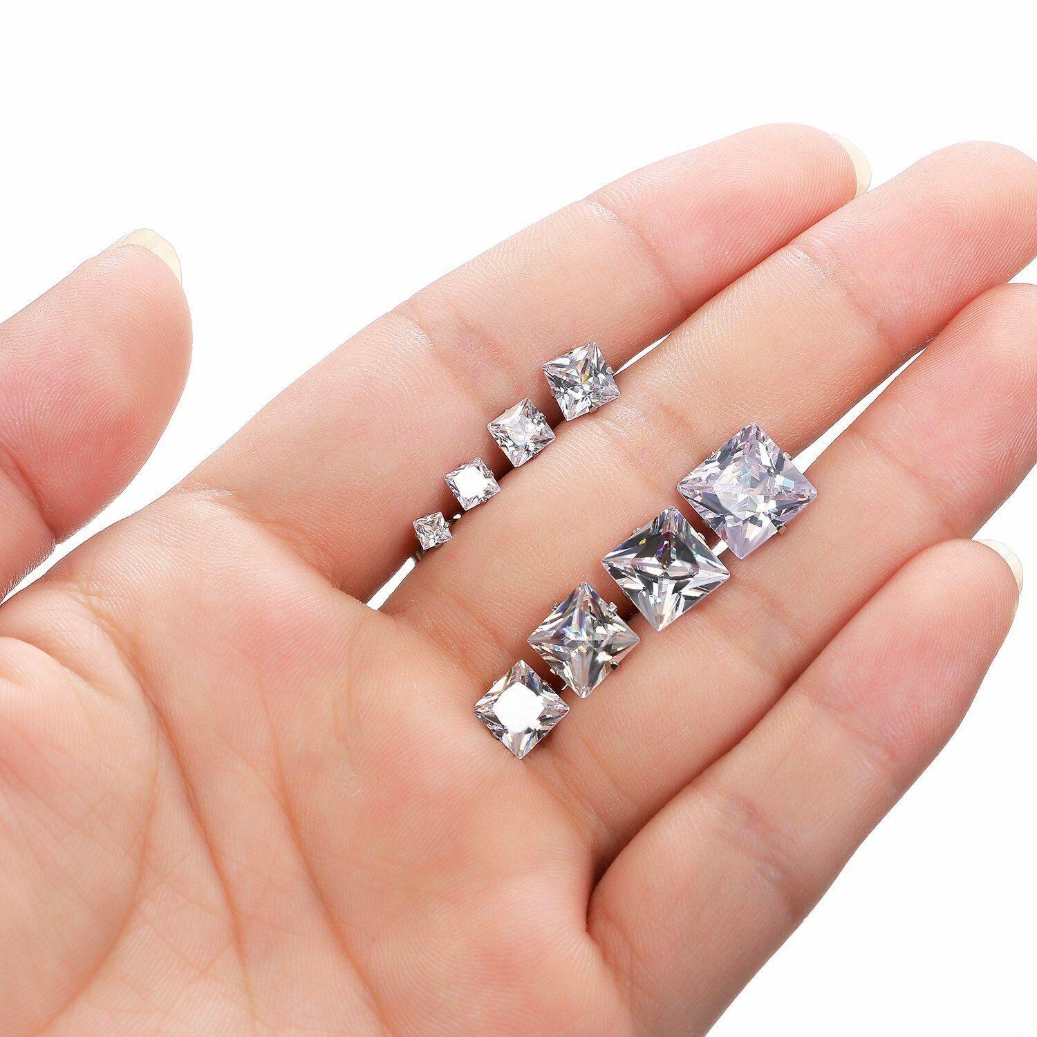 Silver Stud Earrings 8 Pair Stainless Steel Square Princess Cut Cubic Zirconia for Men Women - Jewelry Store by Erik Rayo