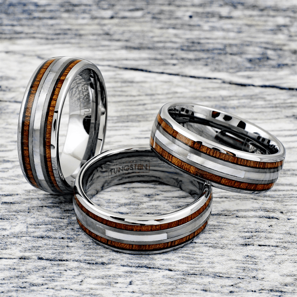 Wedding Band Ring for Men and Women Silver Tungsten Carbide Mother of Pearl & Koa Wood Stripe - Jewelry Store by Erik Rayo