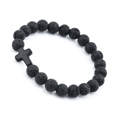 Lava Rock Stone Beaded Bracelet Jesus Cross Christian - Jewelry Store by Erik Rayo