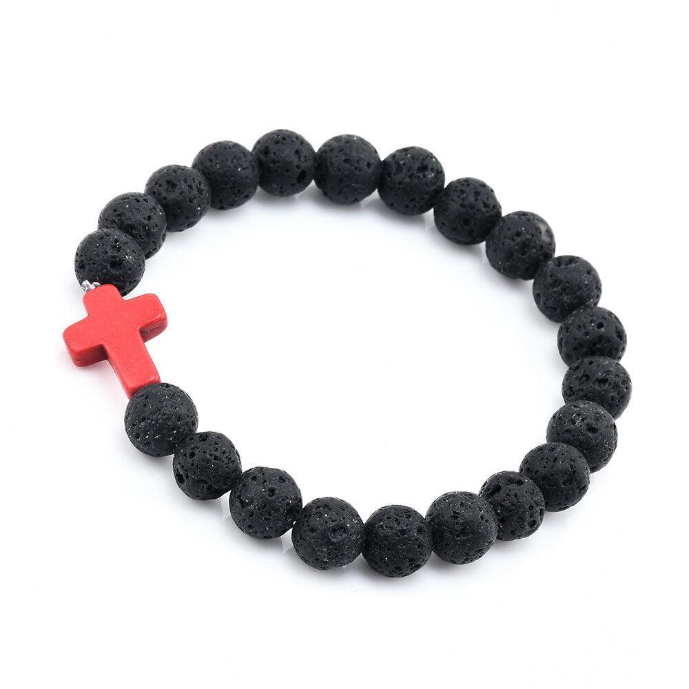 Lava Rock Stone Beaded Bracelet Jesus Cross Christian in Red - Jewelry Store by Erik Rayo