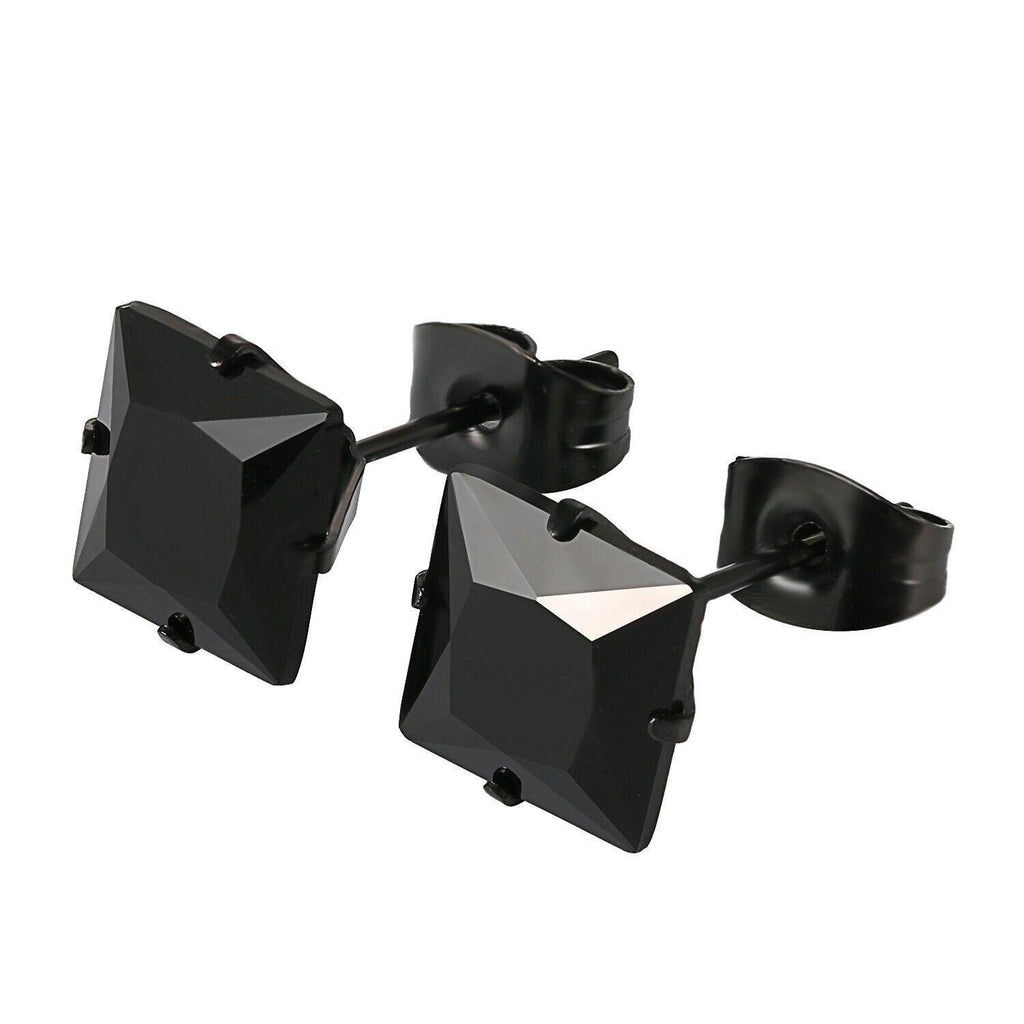 Black Stud Earrings 8 Pair Stainless Steel Square Princess Cut Cubic Zirconia for Men Women - Jewelry Store by Erik Rayo
