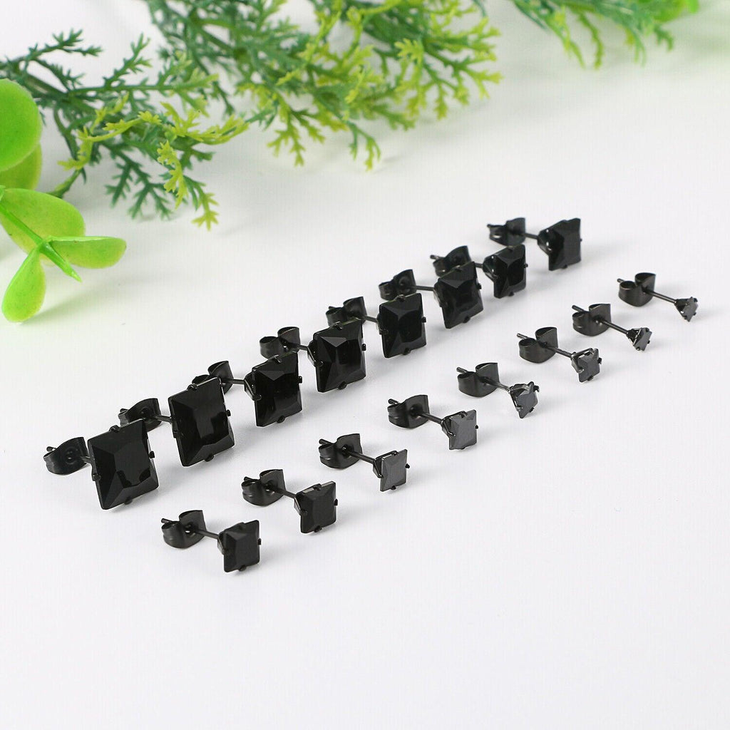 Black Stud Earrings 8 Pair Stainless Steel Square Princess Cut Cubic Zirconia for Men Women - Jewelry Store by Erik Rayo