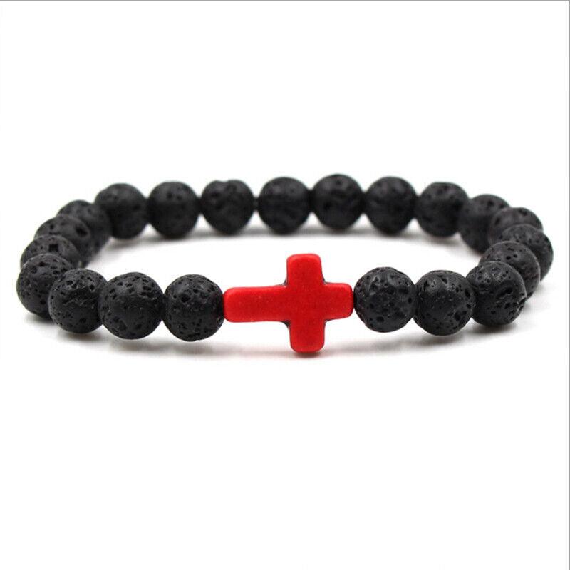 Lava Rock Stone Beaded Bracelet Jesus Cross Christian in Red - Jewelry Store by Erik Rayo