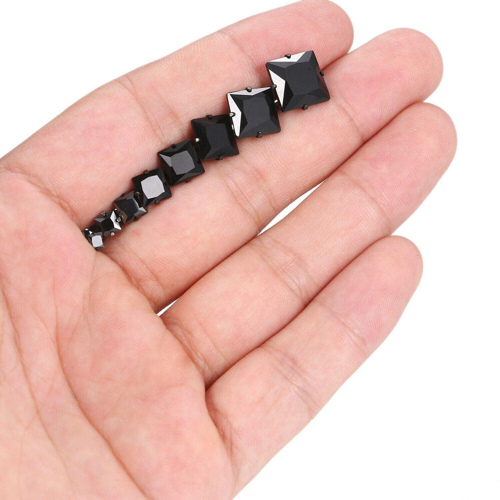 Black Stud Earrings 8 Pair Stainless Steel Square Princess Cut Cubic Zirconia for Men Women - Jewelry Store by Erik Rayo