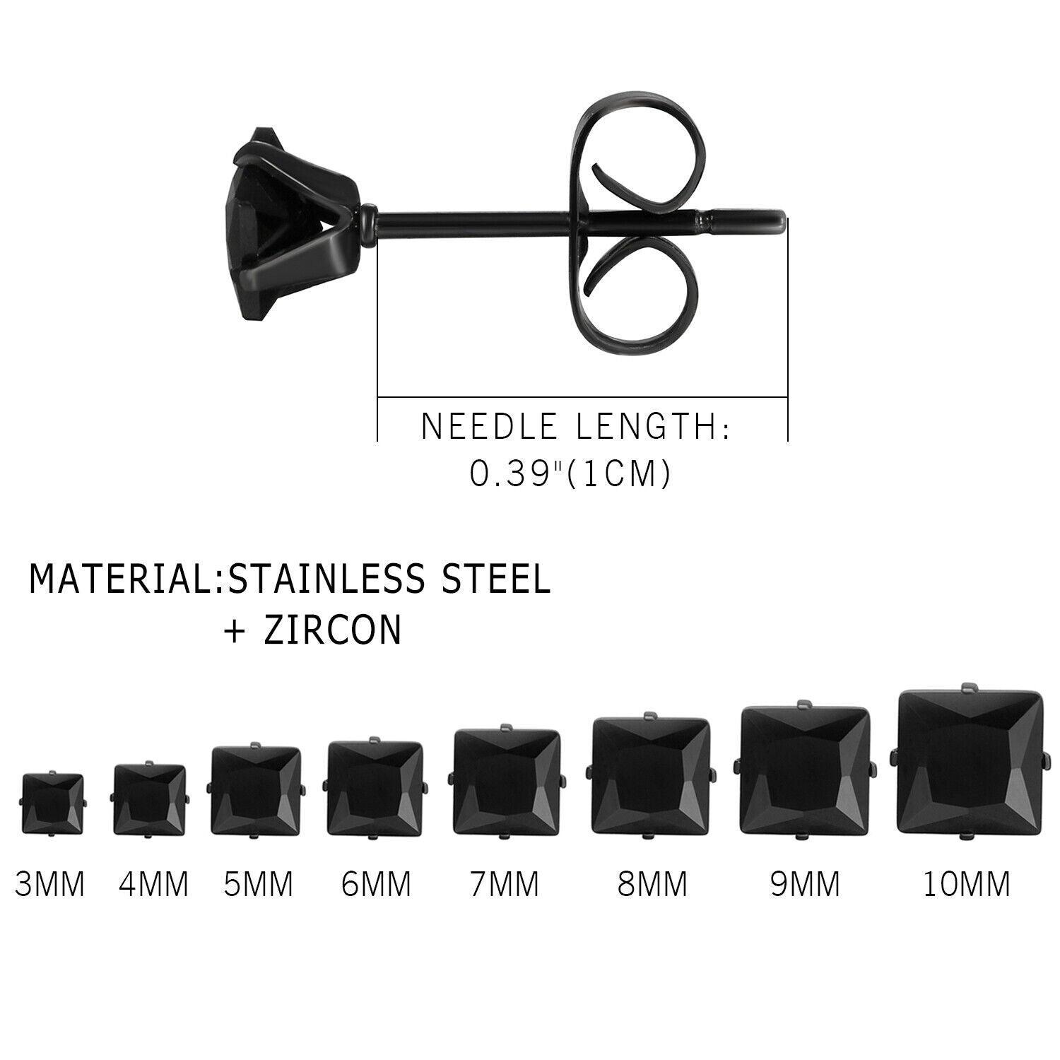 Black Stud Earrings 8 Pair Stainless Steel Square Princess Cut Cubic Zirconia for Men Women - Jewelry Store by Erik Rayo