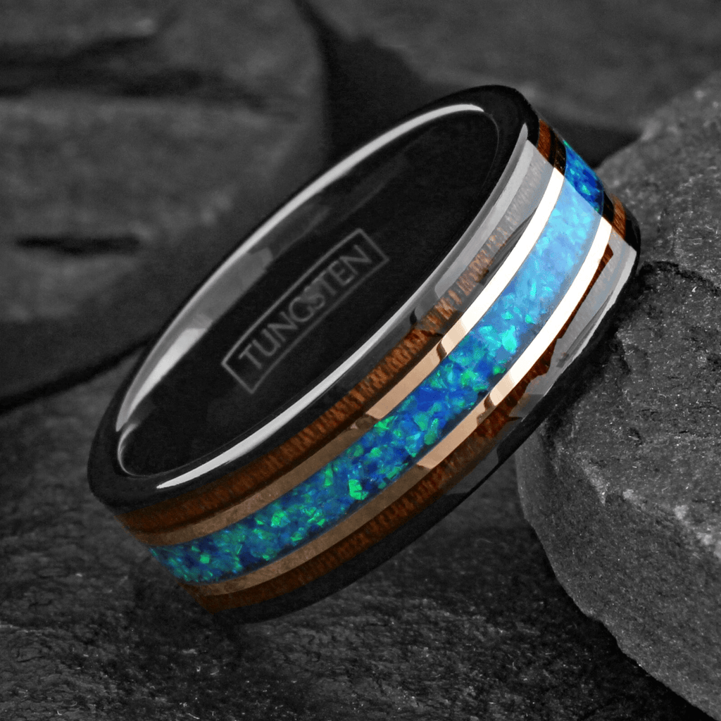 Black Rose Gold Wedding Band Ring for Men Tungsten Carbide Blue Teal Opal Rosewood Wedding Ring - Jewelry Store by Erik Rayo