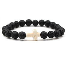 Load image into Gallery viewer, Lava Rock Stone Beaded Bracelet Jesus Cross Christian in Cream - Jewelry Store by Erik Rayo
