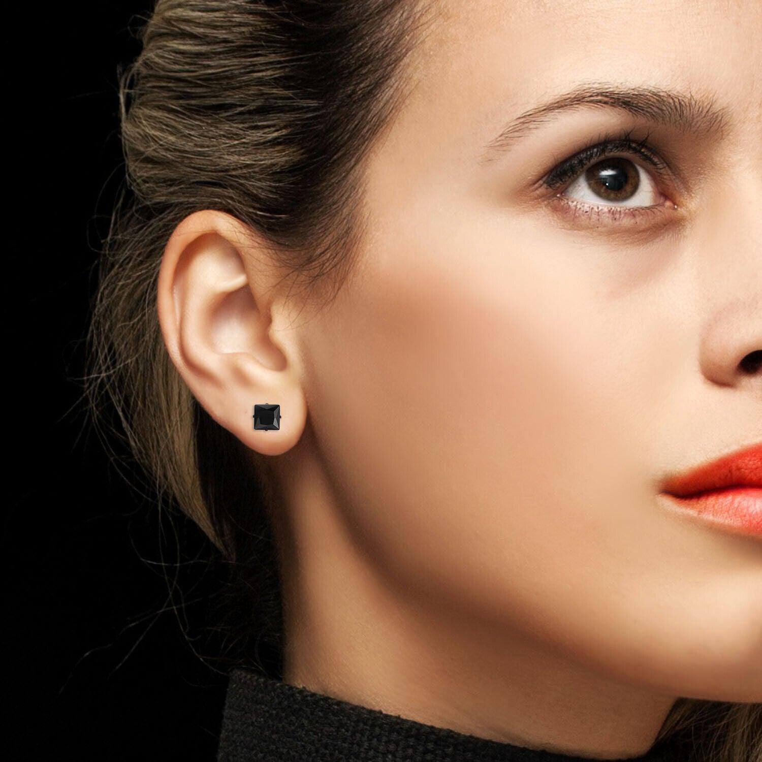 Black Stud Earrings 8 Pair Stainless Steel Square Princess Cut Cubic Zirconia for Men Women - Jewelry Store by Erik Rayo