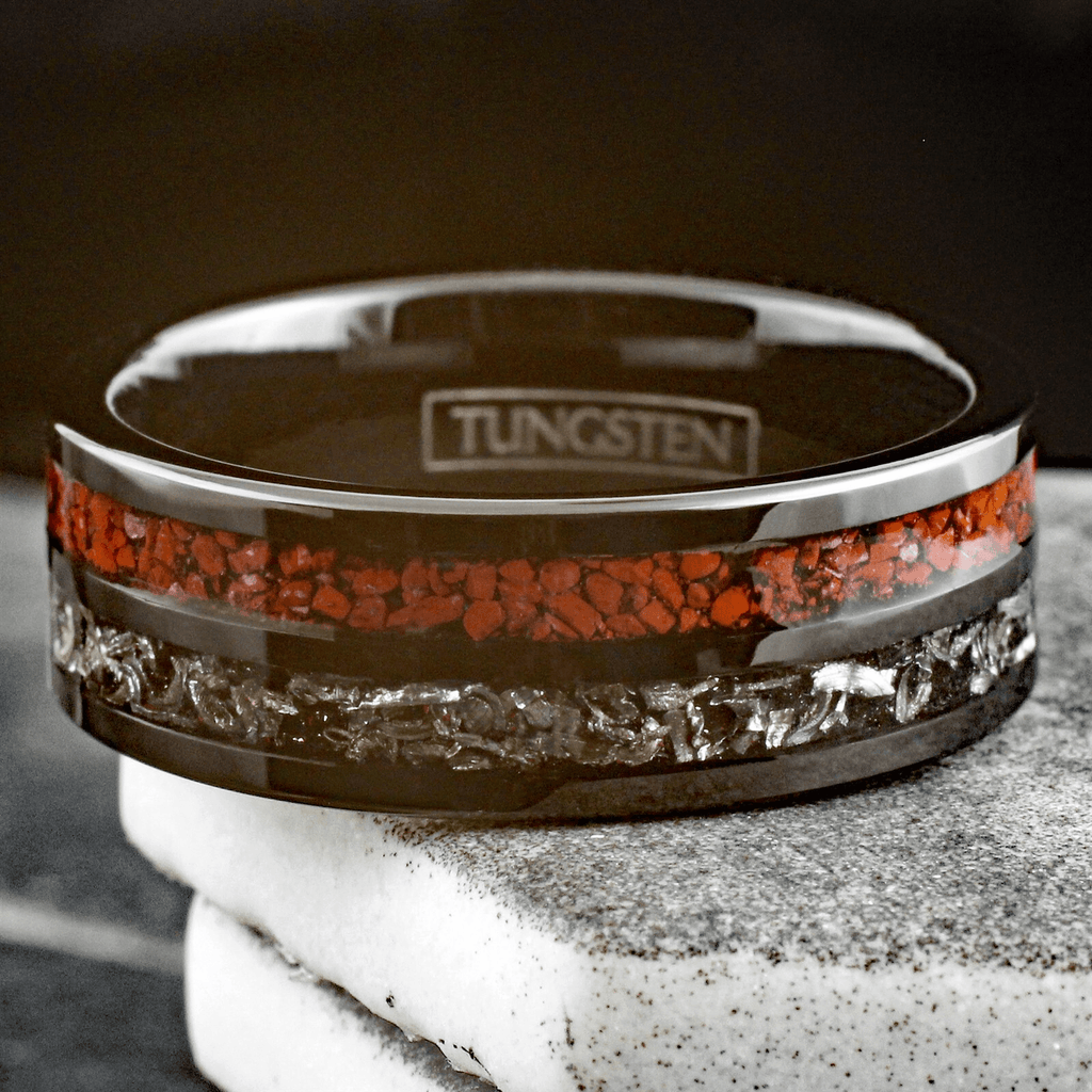 Wedding Band Ring for Men Black Tungsten Carbide Men's Ring Dinosaur Bone and Meteorite Wedding & Engagement - Jewelry Store by Erik Rayo