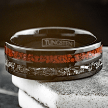 Load image into Gallery viewer, Wedding Band Ring for Men Black Tungsten Carbide Men&#39;s Ring Dinosaur Bone and Meteorite Wedding &amp; Engagement
