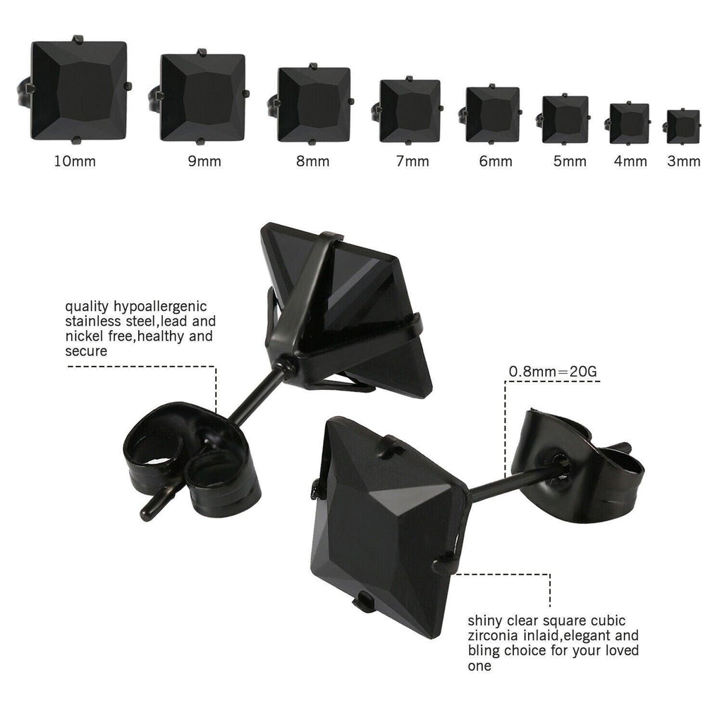 Black Stud Earrings 8 Pair Stainless Steel Square Princess Cut Cubic Zirconia for Men Women - Jewelry Store by Erik Rayo