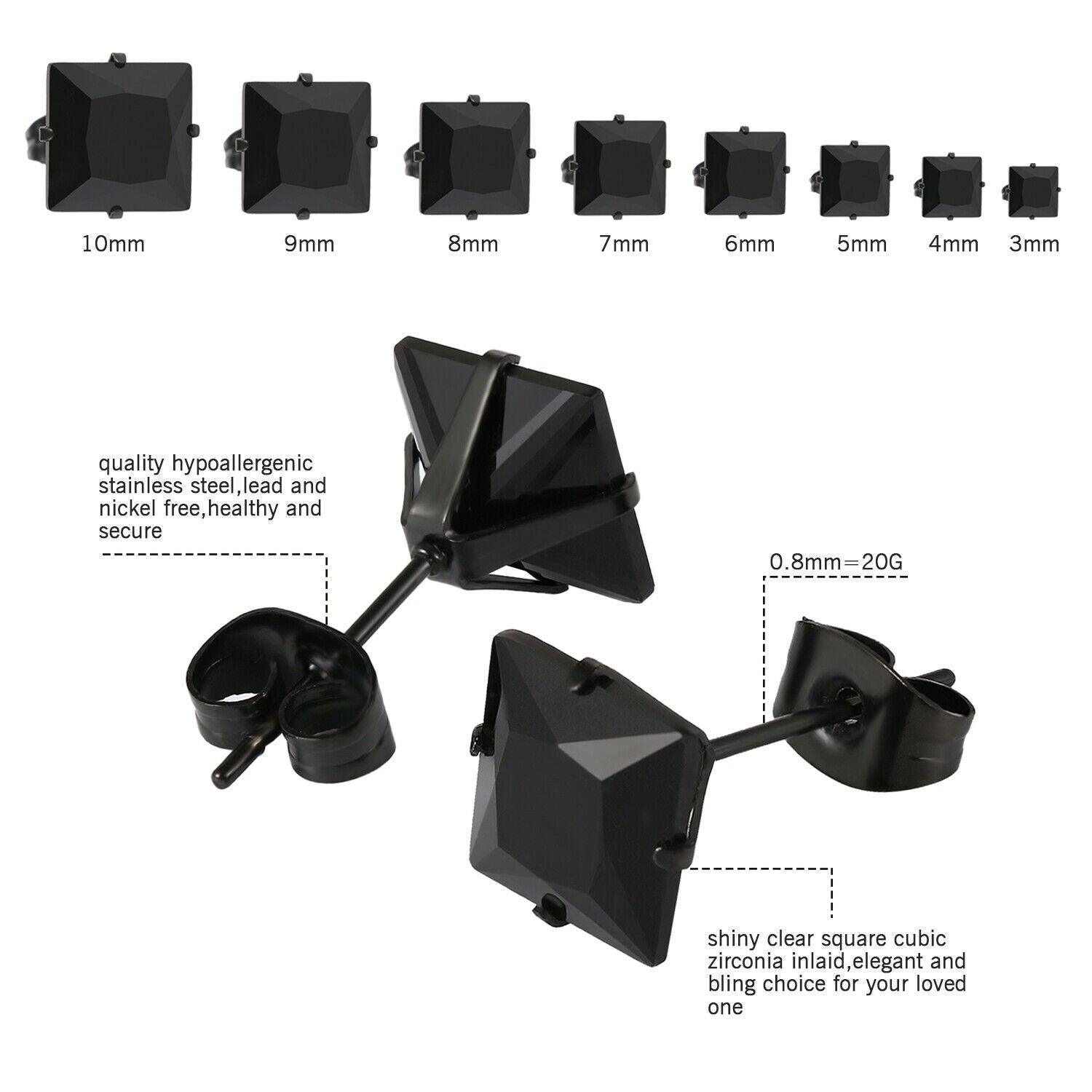 Black Stud Earrings 8 Pair Stainless Steel Square Princess Cut Cubic Zirconia for Men Women - Jewelry Store by Erik Rayo
