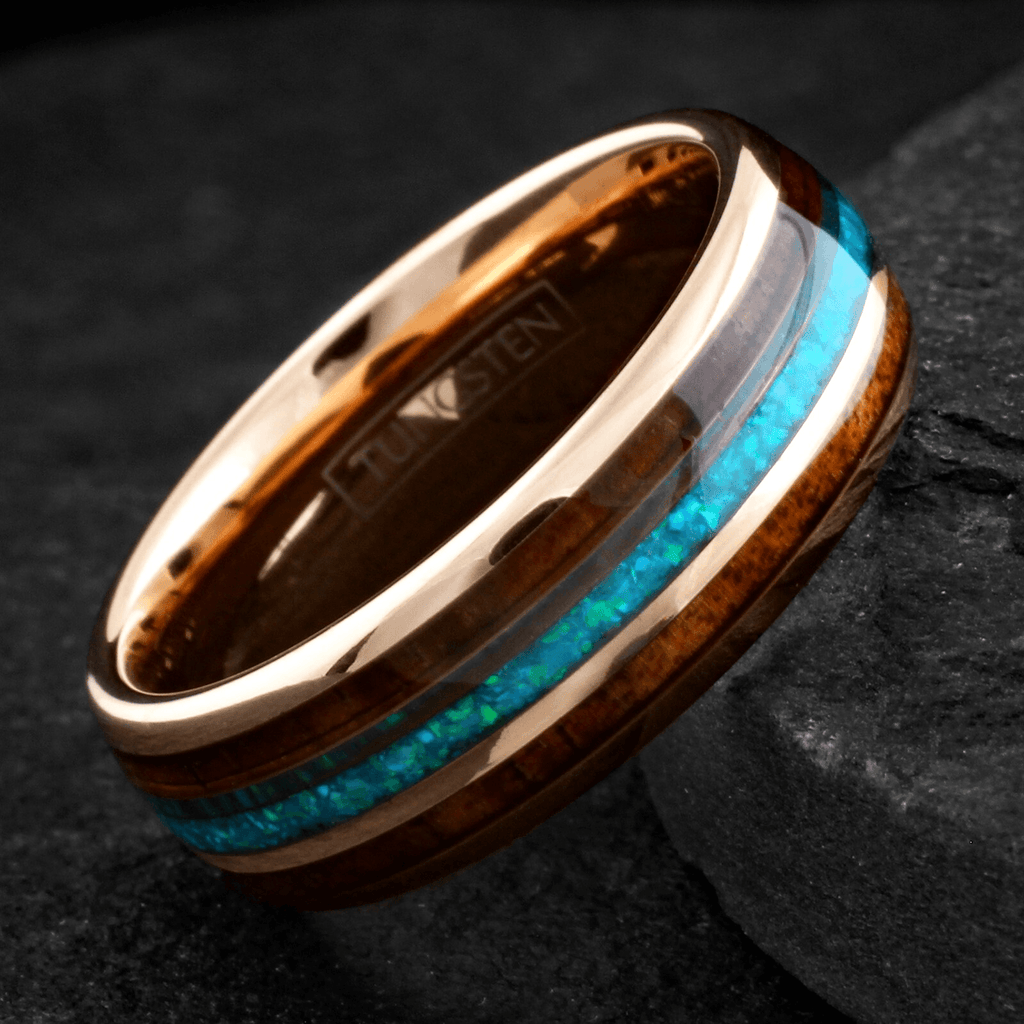Rose Gold Wedding Band Ring for Men and Women Tungsten Carbide Blue Teal Opal with Wood Stripe Engagement Ring - Jewelry Store by Erik Rayo