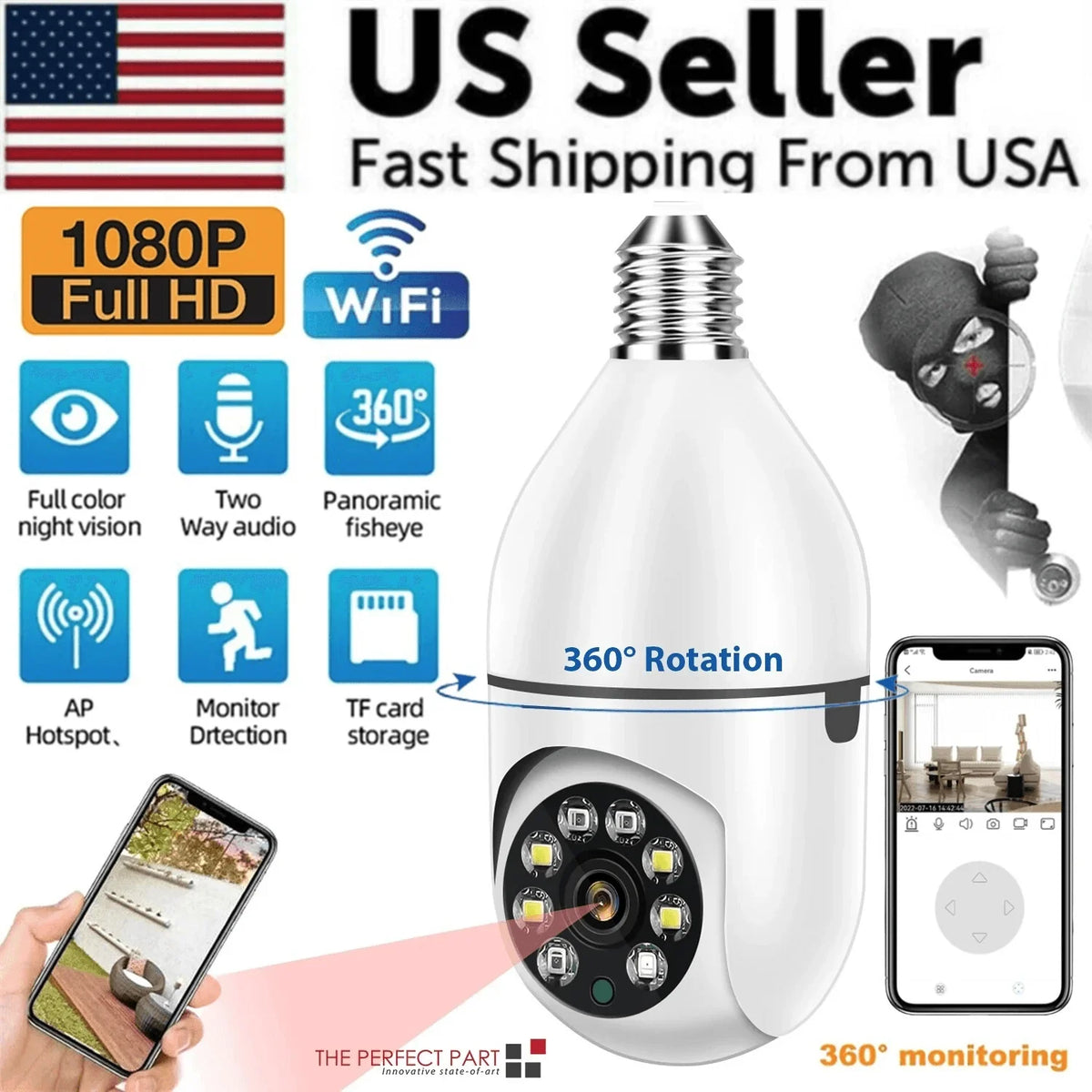 360° 1080P IP E27 Light Bulb Camera Wi-Fi IR Night Smart Home Wireless Security - Jewelry Store by Erik Rayo