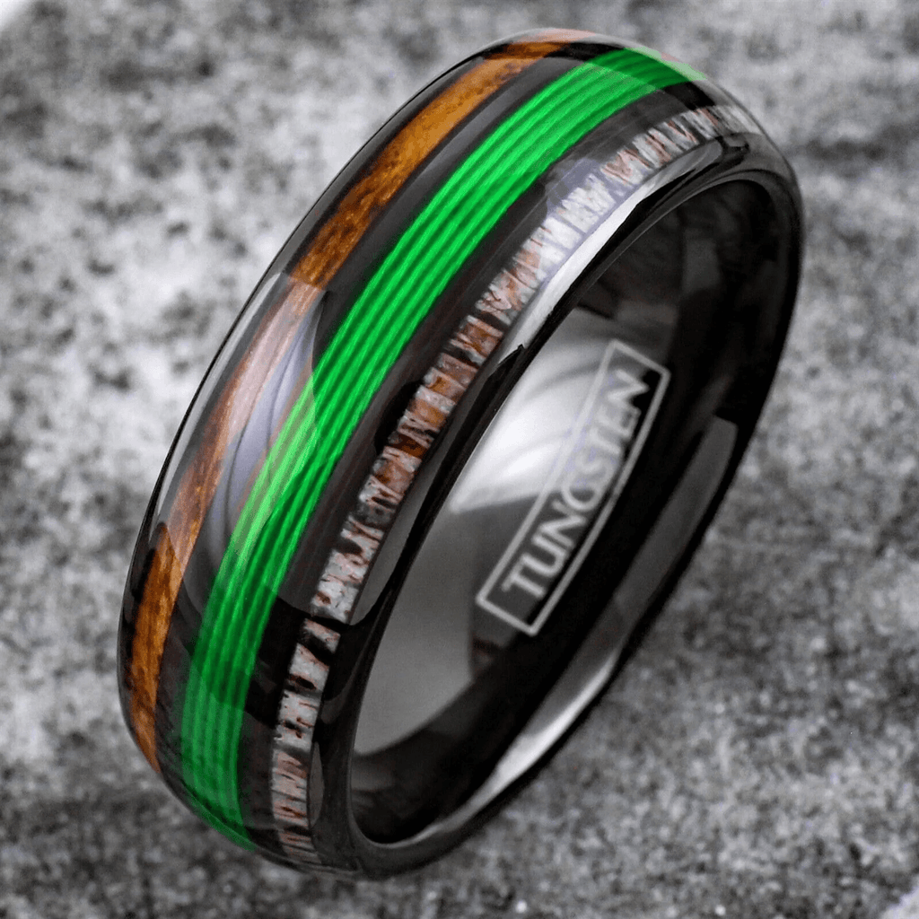 Green Fishing Line Wedding Band Ring for Men Black Tungsten Carbide Whiskey Barrel Oak Wood and Deer Antler Inlays - Jewelry Store by Erik Rayo