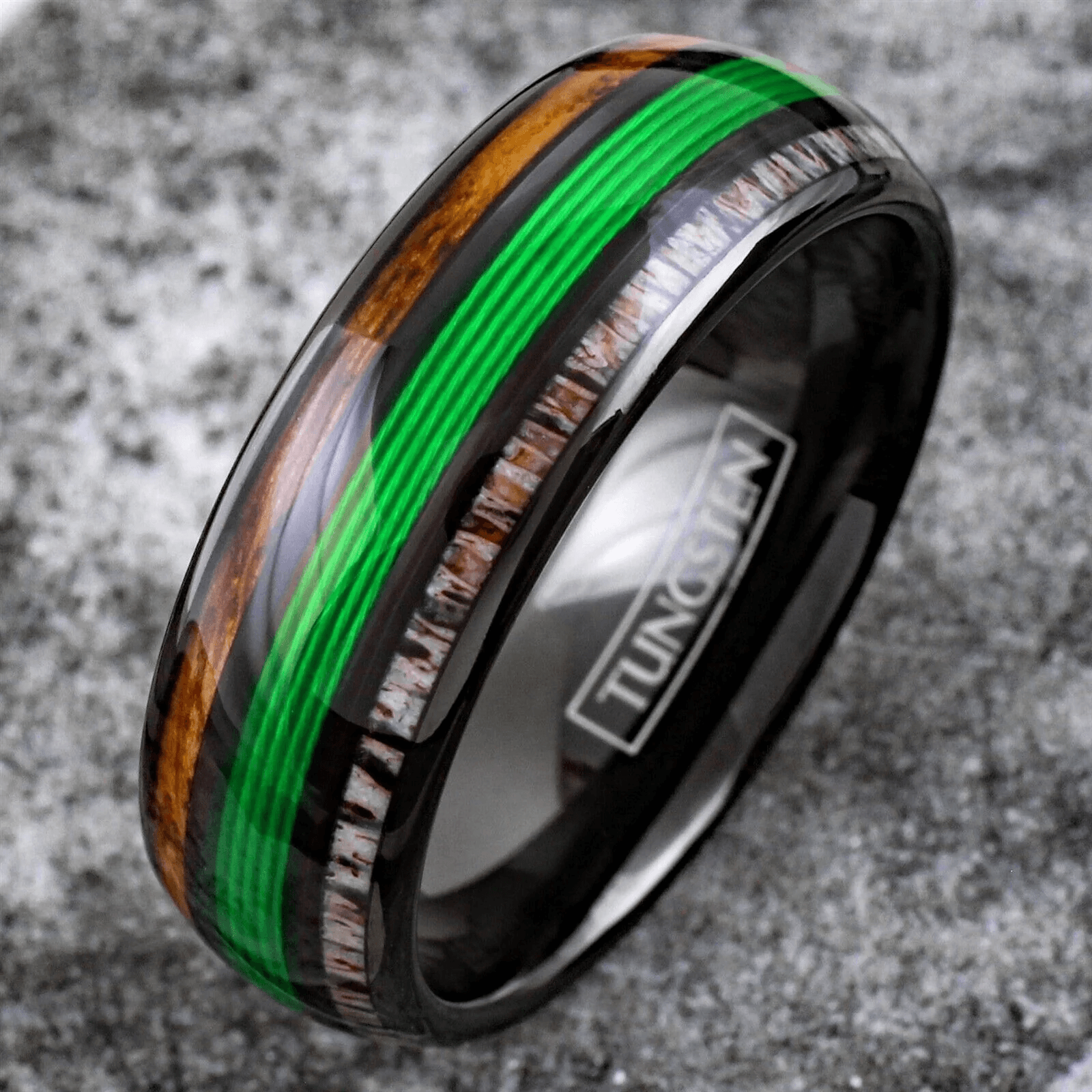 Green Fishing Line Wedding Band Ring for Men Black Tungsten Carbide Whiskey Barrel Oak Wood and Deer Antler Inlays - Jewelry Store by Erik Rayo