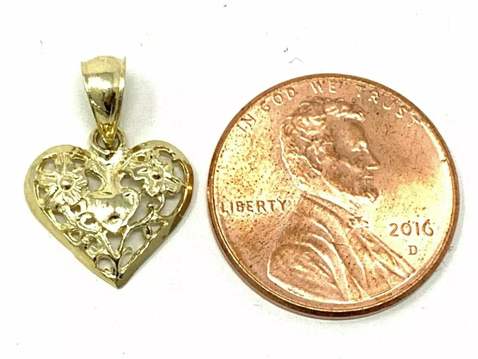 14k Yellow Gold Solid Filigree Heart with Flowers Charm Pendant 0.8 gram - Jewelry Store by Erik Rayo