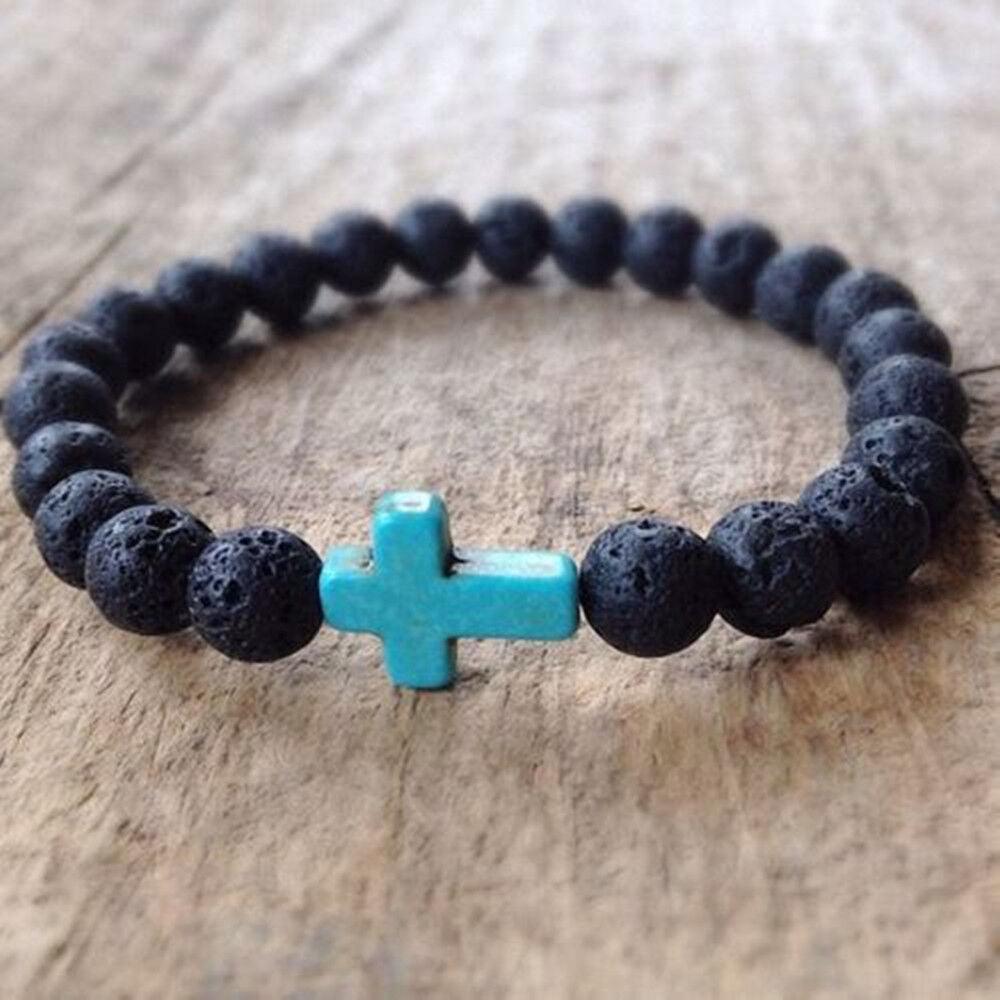 Lava Rock Stone Beaded Bracelet Jesus Cross Christian in Turquoise - Jewelry Store by Erik Rayo