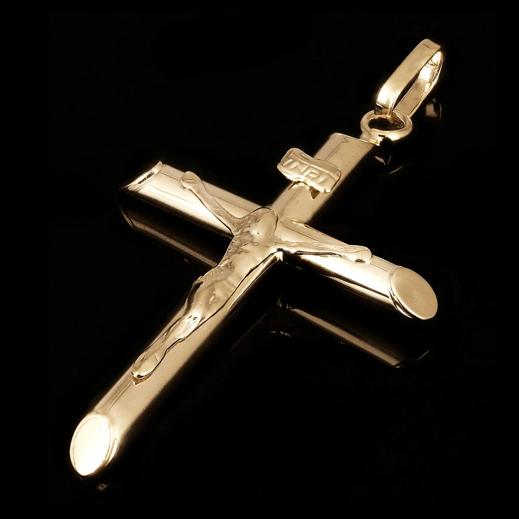 Italian 14k Yellow Gold Hollow INRI Jesus Crucifix Cross Charm Pendant 1.6" 1.8g - Jewelry Store by Erik Rayo
