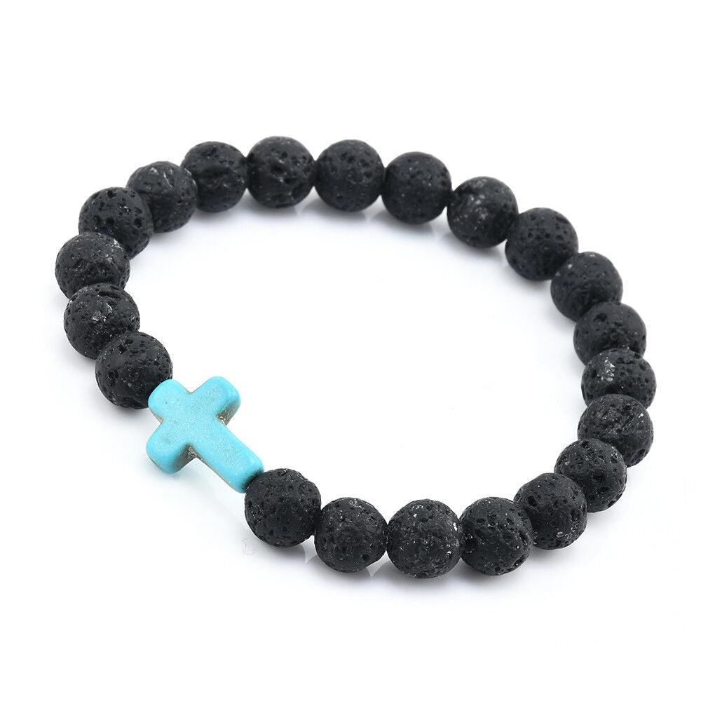 Lava Rock Stone Beaded Bracelet Jesus Cross Christian in Turquoise - Jewelry Store by Erik Rayo