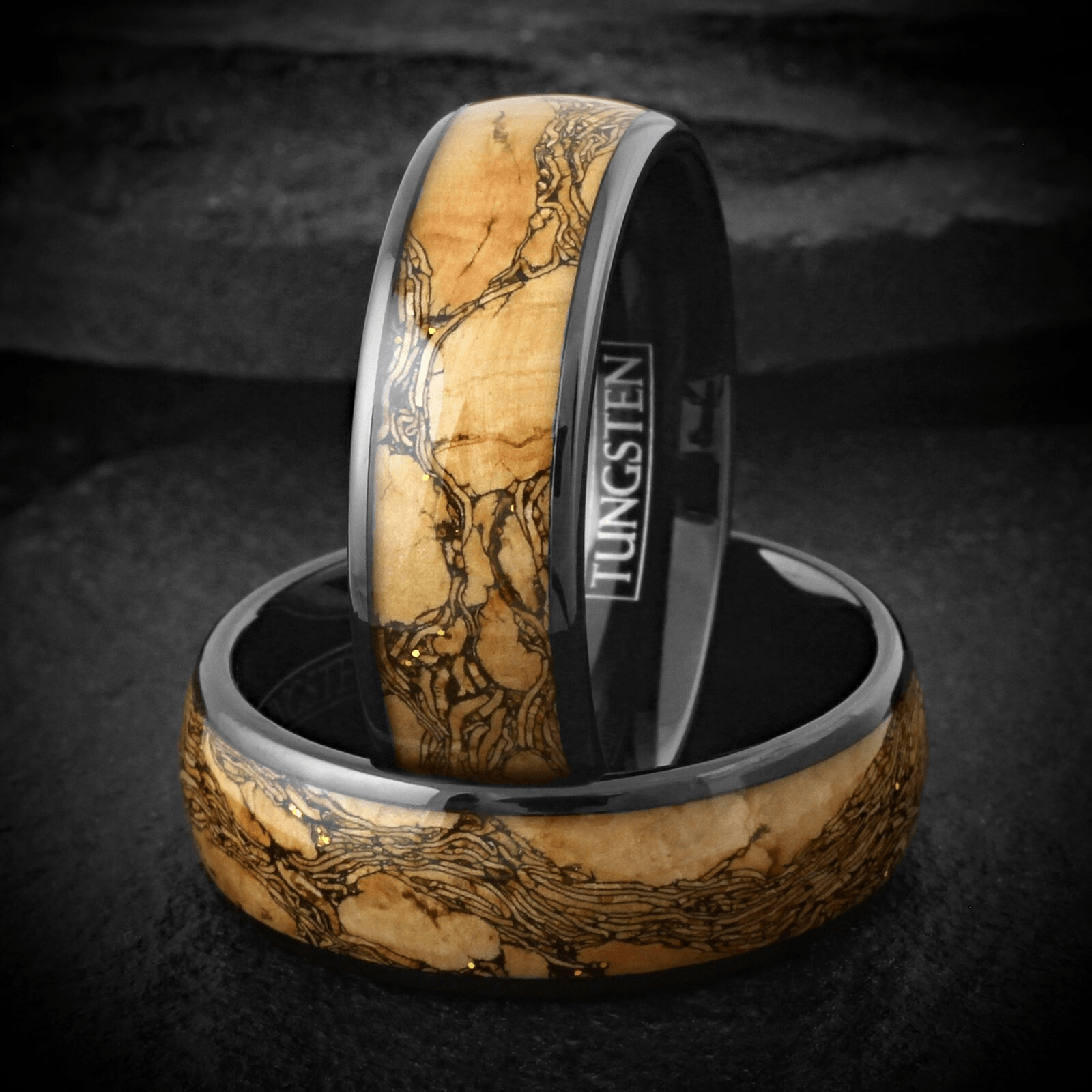 Tan Wood Wedding Band Ring for Men Black Tungsten Carbide with Black Grain - Jewelry Store by Erik Rayo