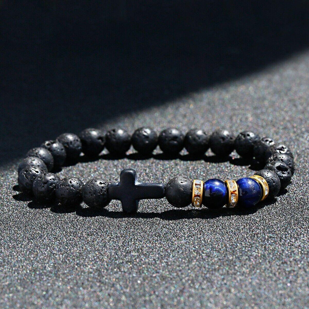 Lava Rock Stone Beaded Bracelet Jesus Cross Christian in Blue - Jewelry Store by Erik Rayo
