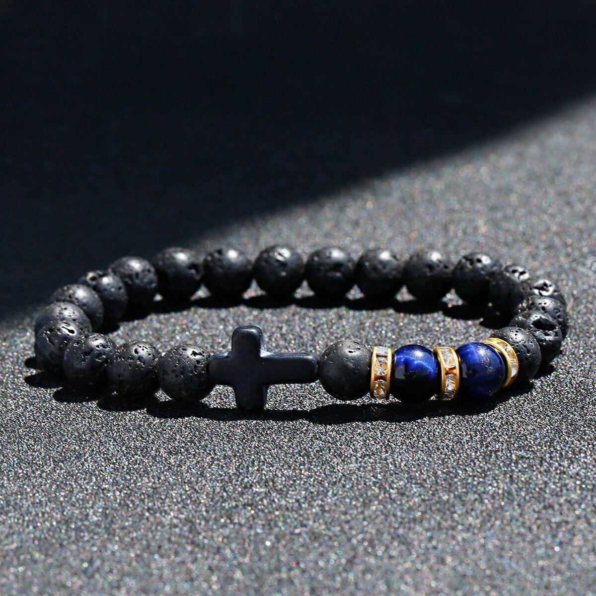 Lava Rock Stone Beaded Bracelet Jesus Cross Christian in Blue - Jewelry Store by Erik Rayo
