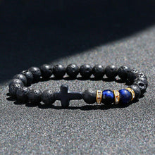 Load image into Gallery viewer, Lava Rock Stone Beaded Bracelet Jesus Cross Christian in Blue - Jewelry Store by Erik Rayo
