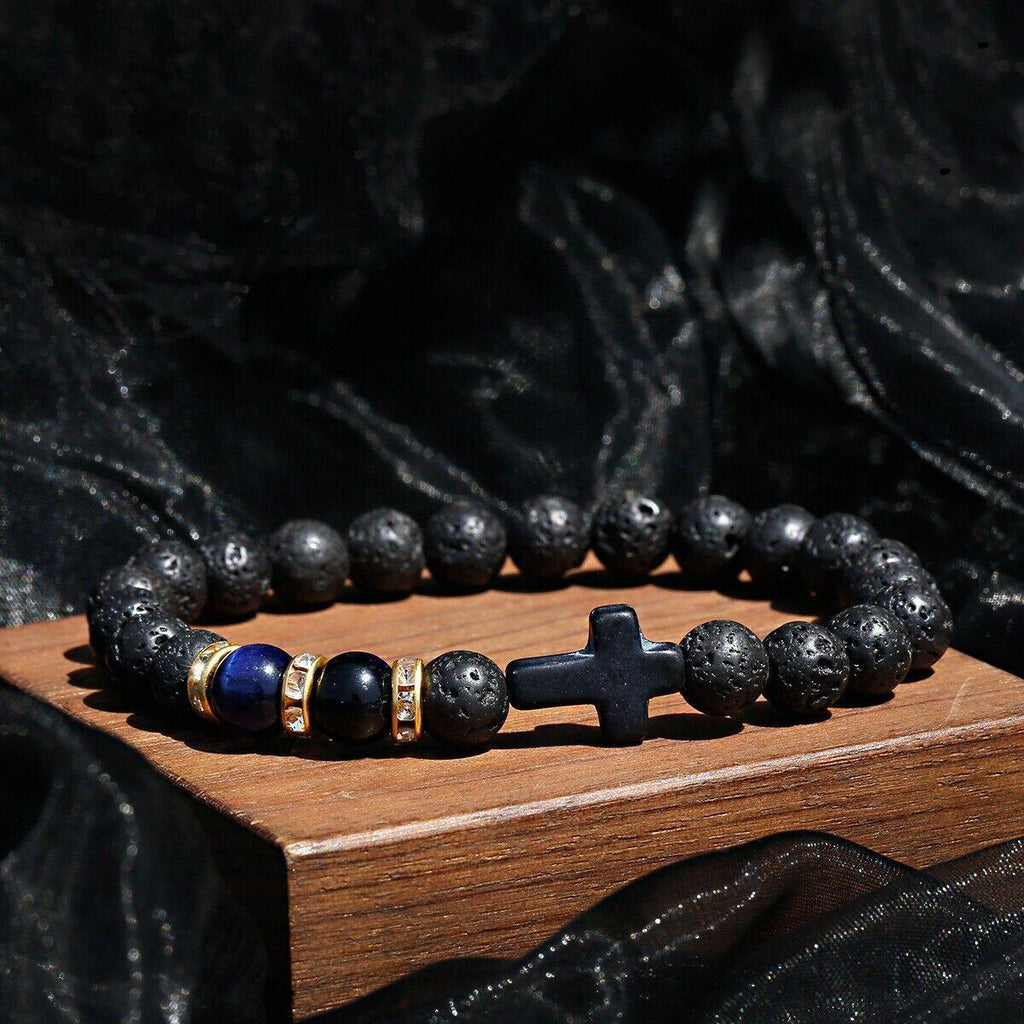 Lava Rock Stone Beaded Bracelet Jesus Cross Christian in Blue - Jewelry Store by Erik Rayo