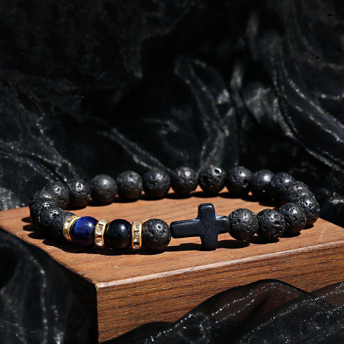 Lava Rock Stone Beaded Bracelet Jesus Cross Christian in Blue - Jewelry Store by Erik Rayo