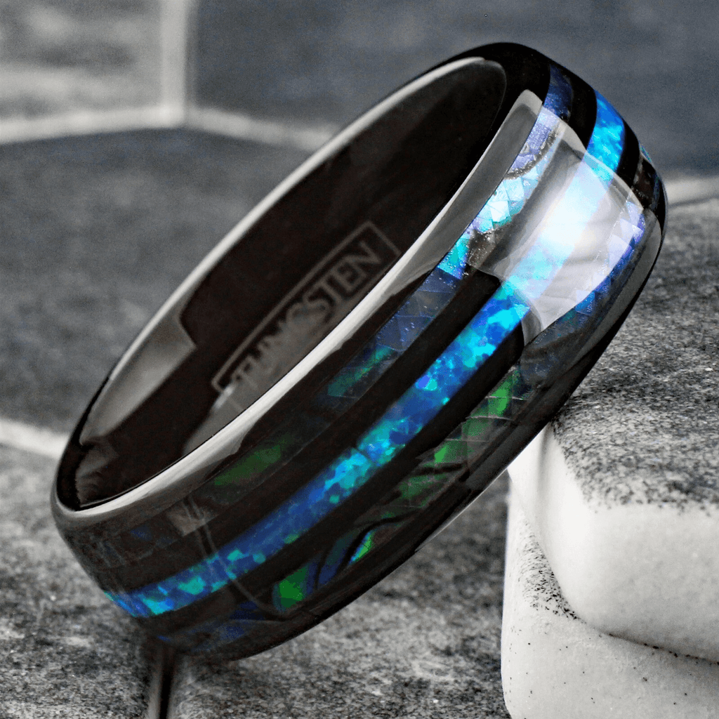 Hawaiian Blue Opal Tungsten Carbide Wedding Band Ring for Men & Women – Black & Abalone Design - Jewelry Store by Erik Rayo