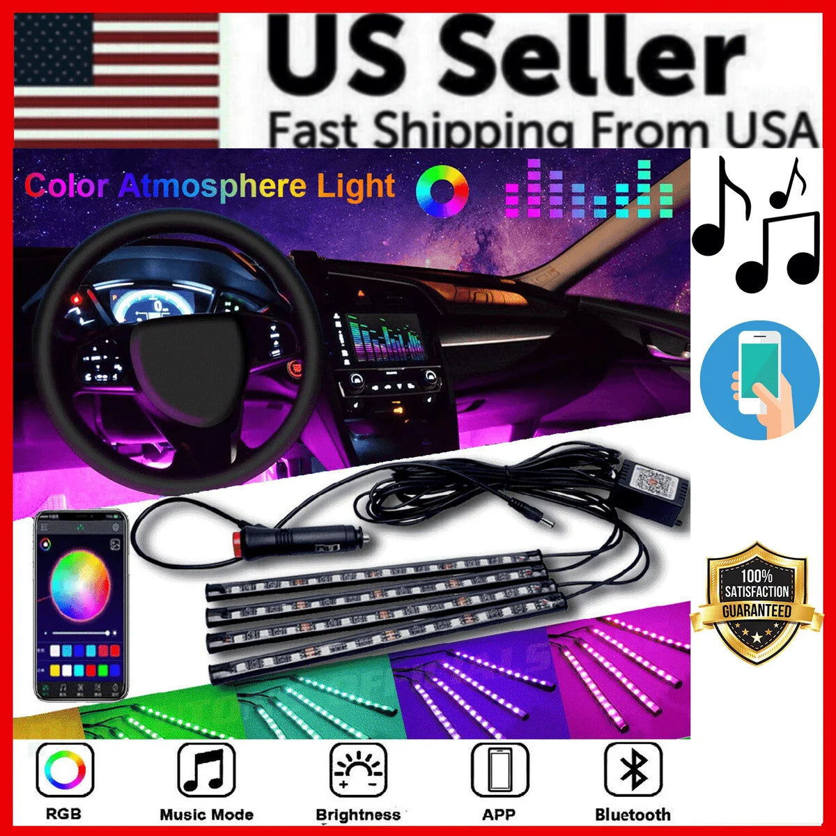 4X 48LED RGB Car Interior Atmosphere Light Strip Bar Bluetooth APP Music Control - Jewelry Store by Erik Rayo