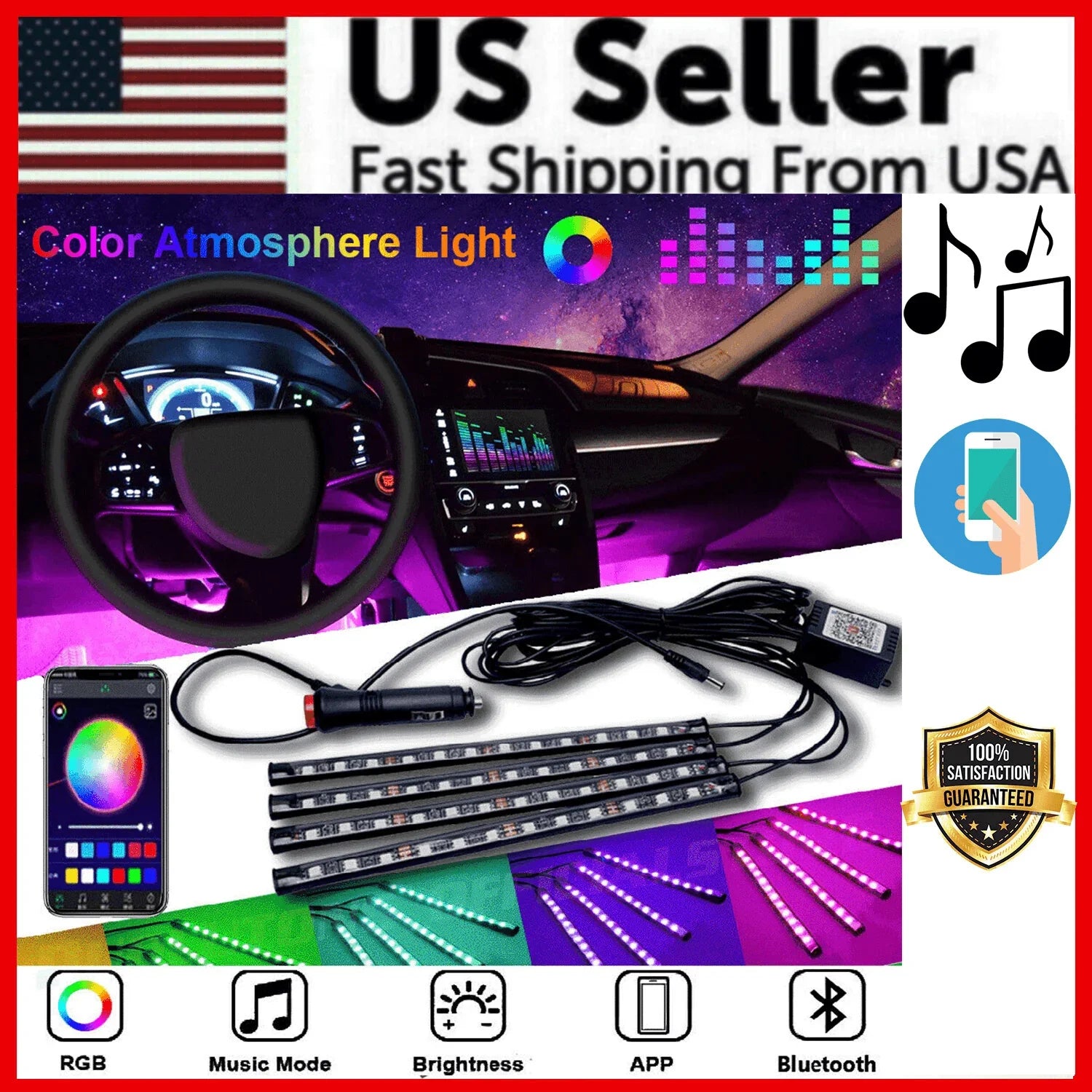 4X 48LED RGB Car Interior Atmosphere Light Strip Bar Bluetooth APP Music Control - Jewelry Store by Erik Rayo