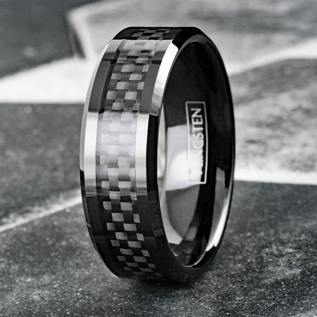 Unique Black Tungsten Carbide Wedding Band Ring for Men & Women – Black Carbon Fiber Inlay Design - Jewelry Store by Erik Rayo