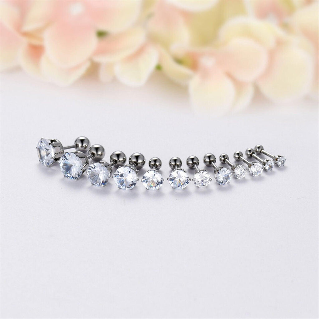 Stud Earrings with Roundback 6 Pair Stainless Steel Round Cubic Zirconia for Men Women Children and Babies - Jewelry Store by Erik Rayo