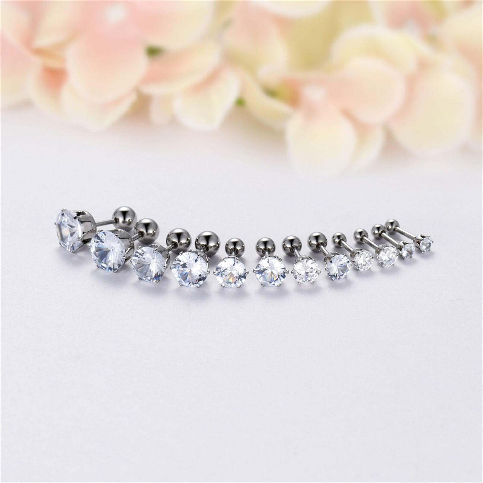 Stud Earrings with Roundback 6 Pair Stainless Steel Round Cubic Zirconia for Men Women Children and Babies - Jewelry Store by Erik Rayo