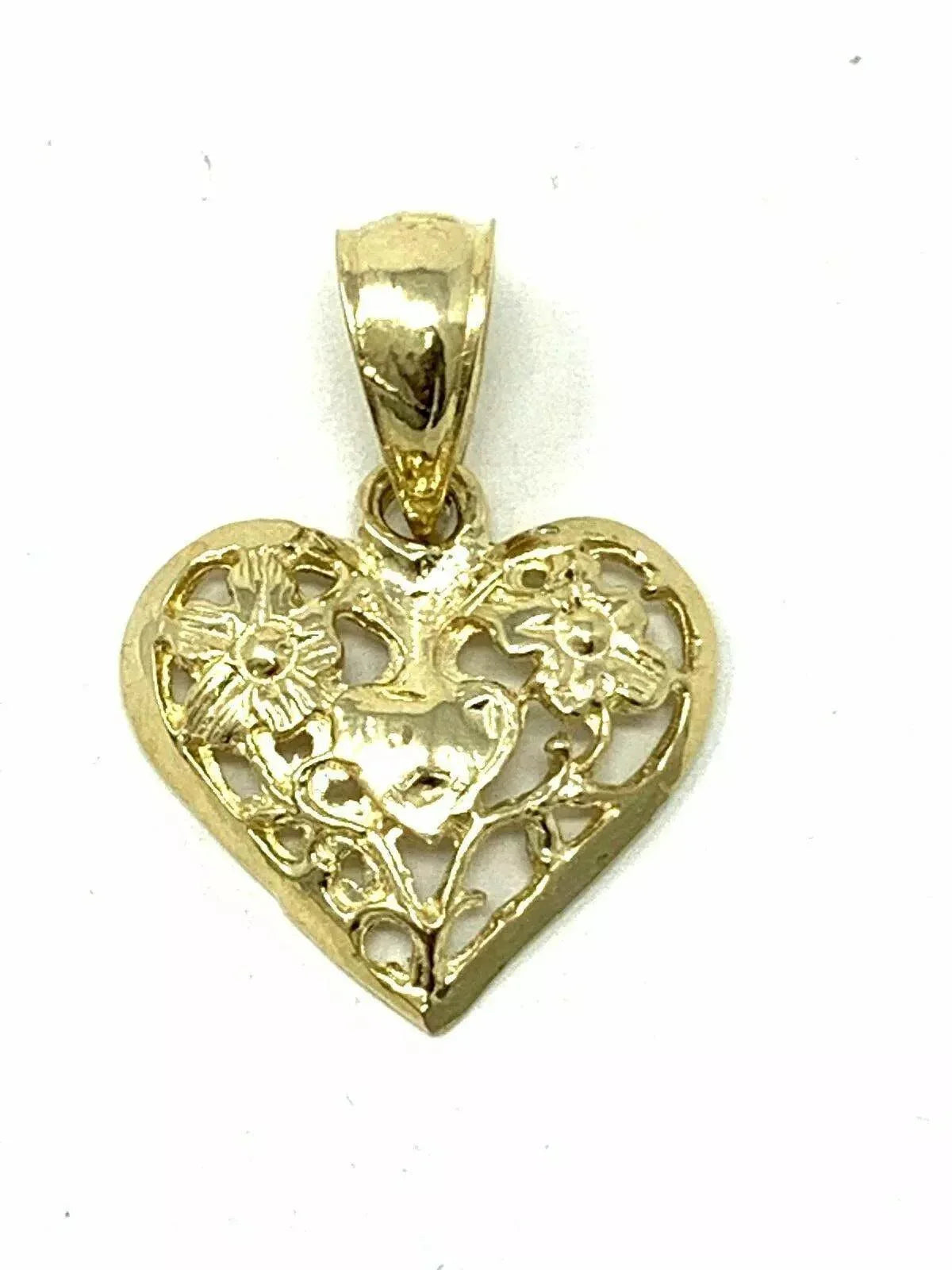 14k Yellow Gold Solid Filigree Heart with Flowers Charm Pendant 0.8 gram - Jewelry Store by Erik Rayo