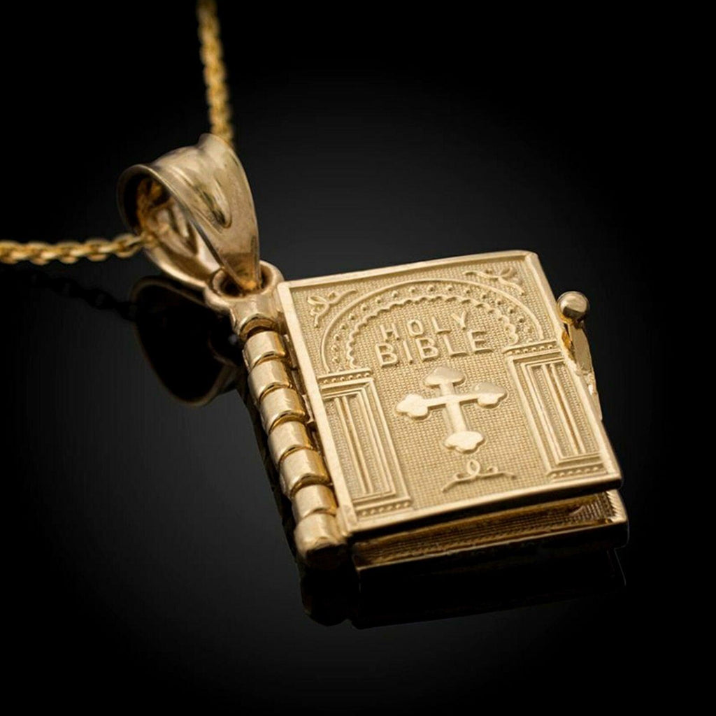 Gold Holy Bible Necklace Lords Prayer Four Openable Pages - Jewelry Store by Erik Rayo