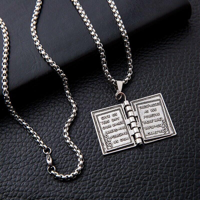 Silver Holy Bible Necklace Lords Prayer Four Openable Pages - Jewelry Store by Erik Rayo