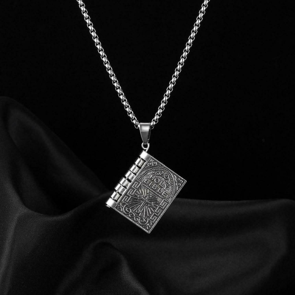Silver Holy Bible Necklace Lords Prayer Four Openable Pages - Jewelry Store by Erik Rayo
