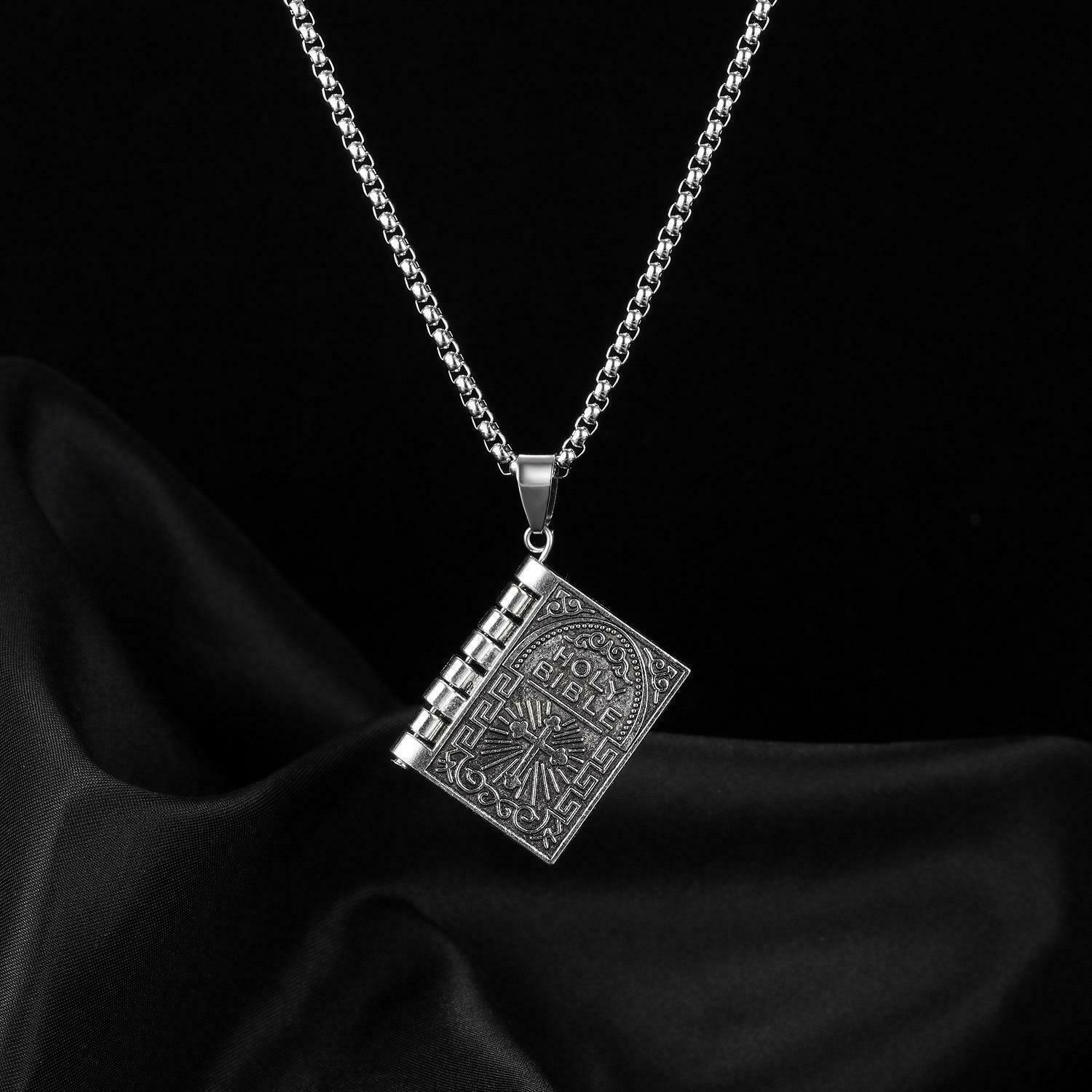 Silver Holy Bible Necklace Lords Prayer Four Openable Pages - Jewelry Store by Erik Rayo