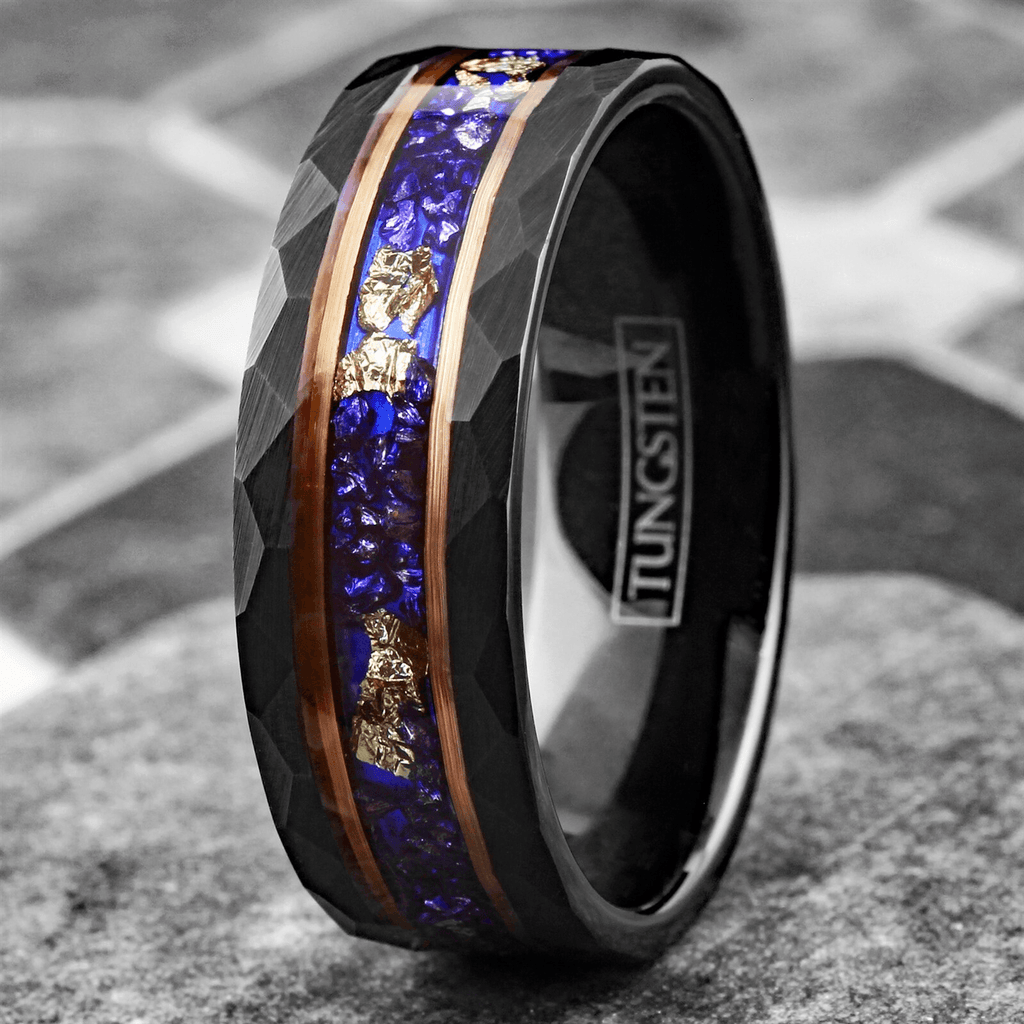 Black Tungsten Carbide Wedding Band Ring for Men & Women – Blue Opal & 24K Gold Leaf Inlay Design - Jewelry Store by Erik Rayo