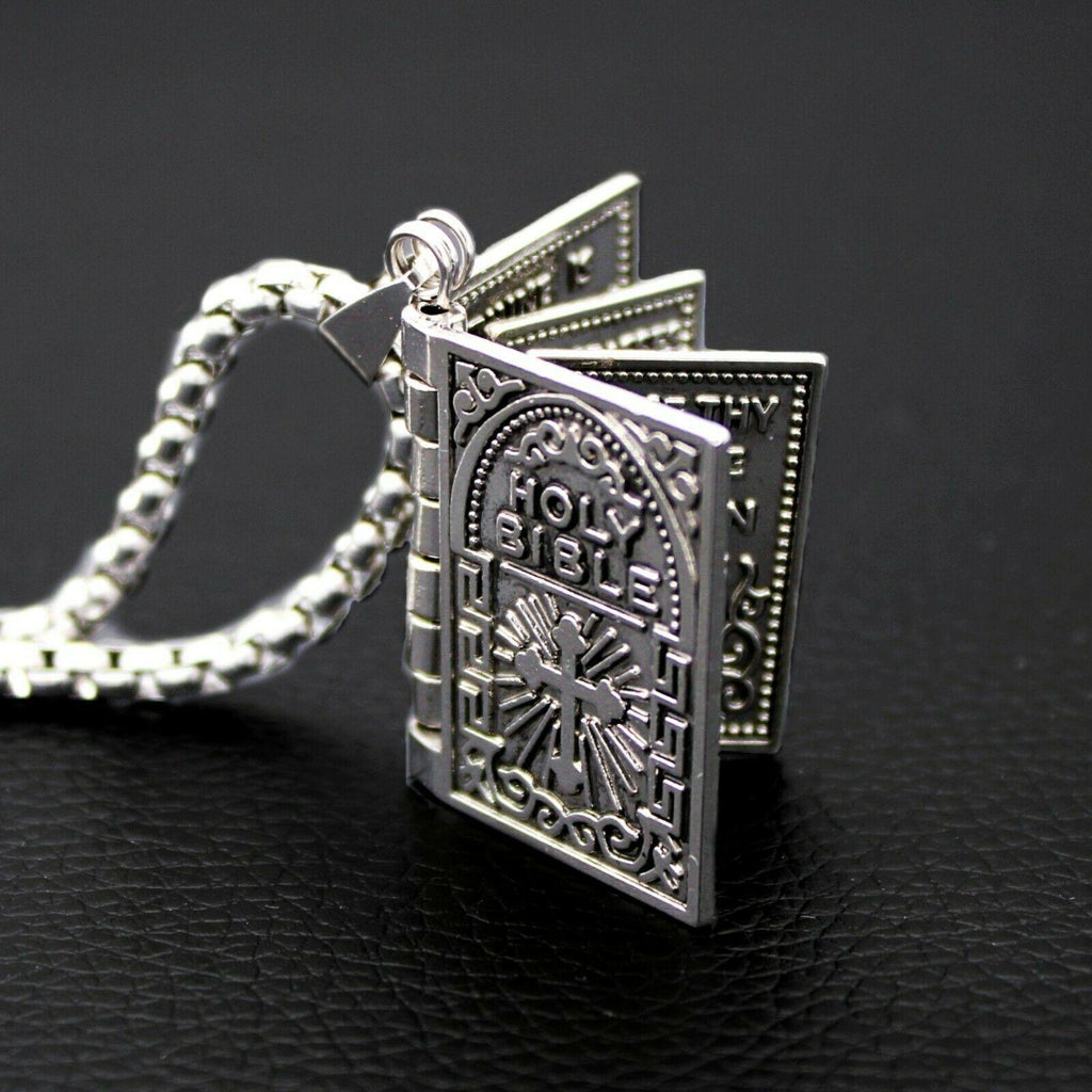 Silver Holy Bible Necklace Lords Prayer Four Openable Pages - Jewelry Store by Erik Rayo