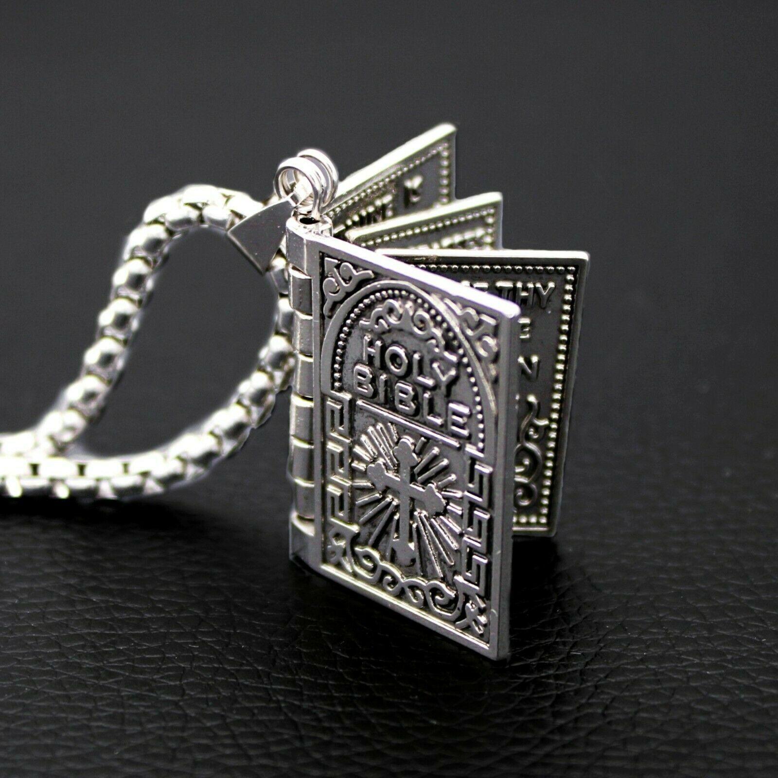 Silver Holy Bible Necklace Lords Prayer Four Openable Pages - Jewelry Store by Erik Rayo