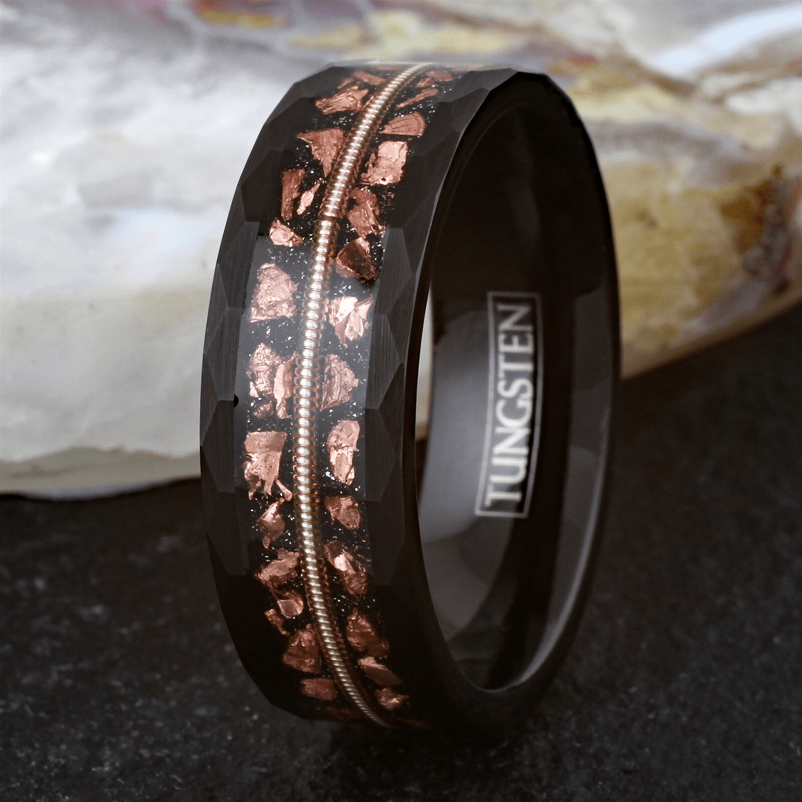 Meteorite Guitar String Wedding Band Ring for Men Black Tungsten Carbide Engagement Ring