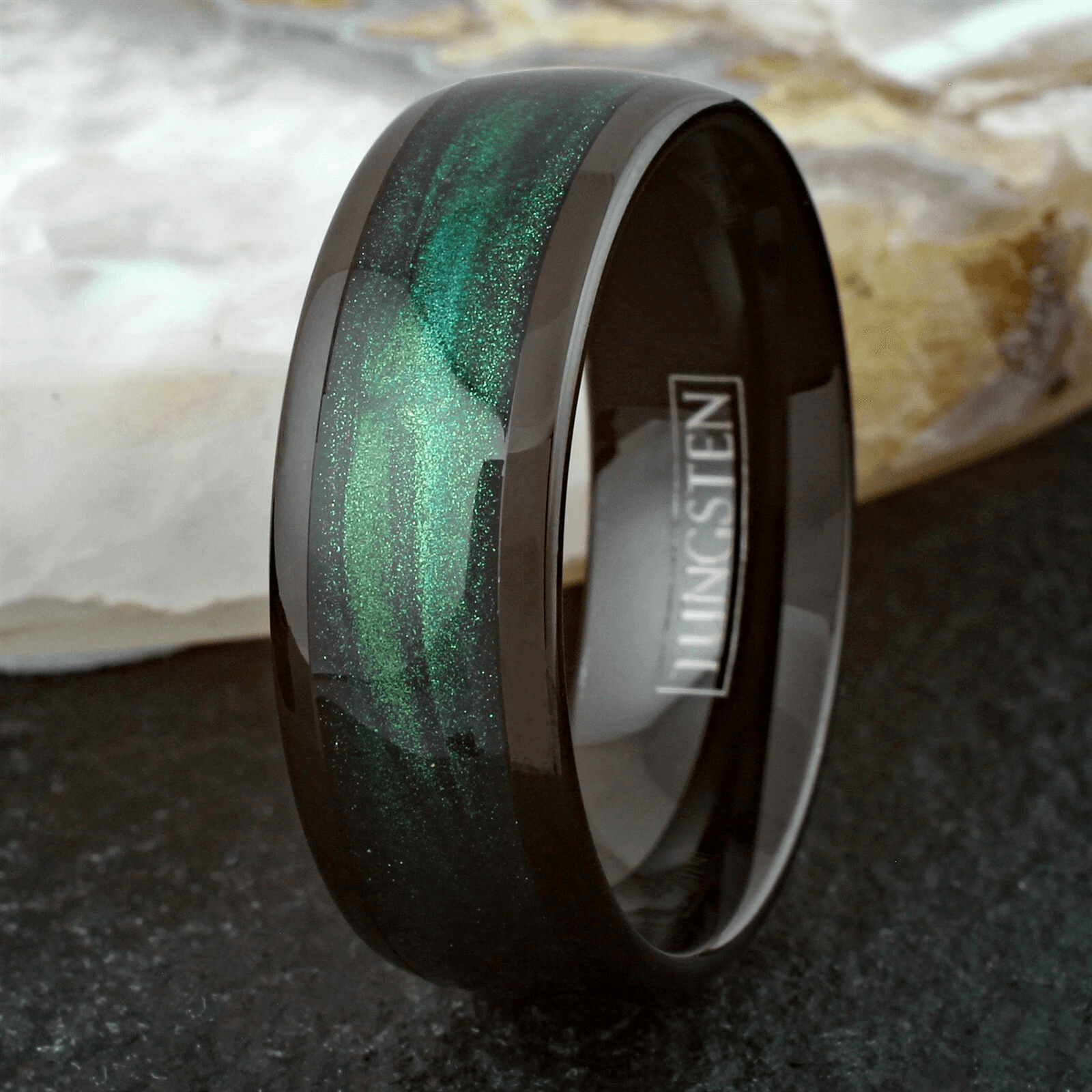 Wedding Band Ring for Men Black Tungsten Carbide Green Flowing Sand - Jewelry Store by Erik Rayo