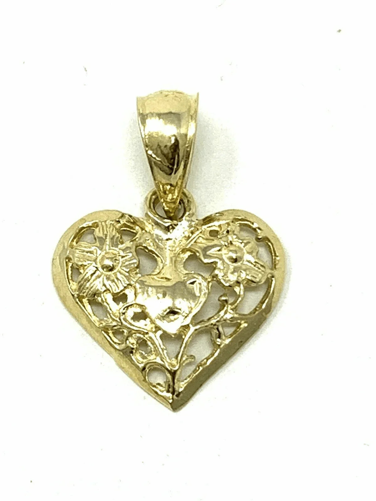 14k Yellow Gold Solid Filigree Heart with Flowers Charm Pendant 0.8 gram - Jewelry Store by Erik Rayo
